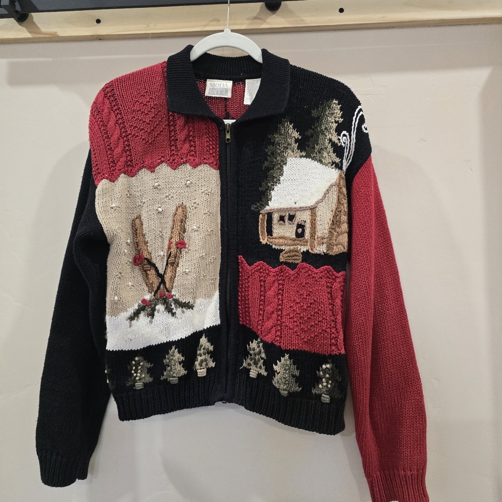 VTG MODA INTL Cardigan Sweater S Embroidered Collared Full Zip Red Black Women's